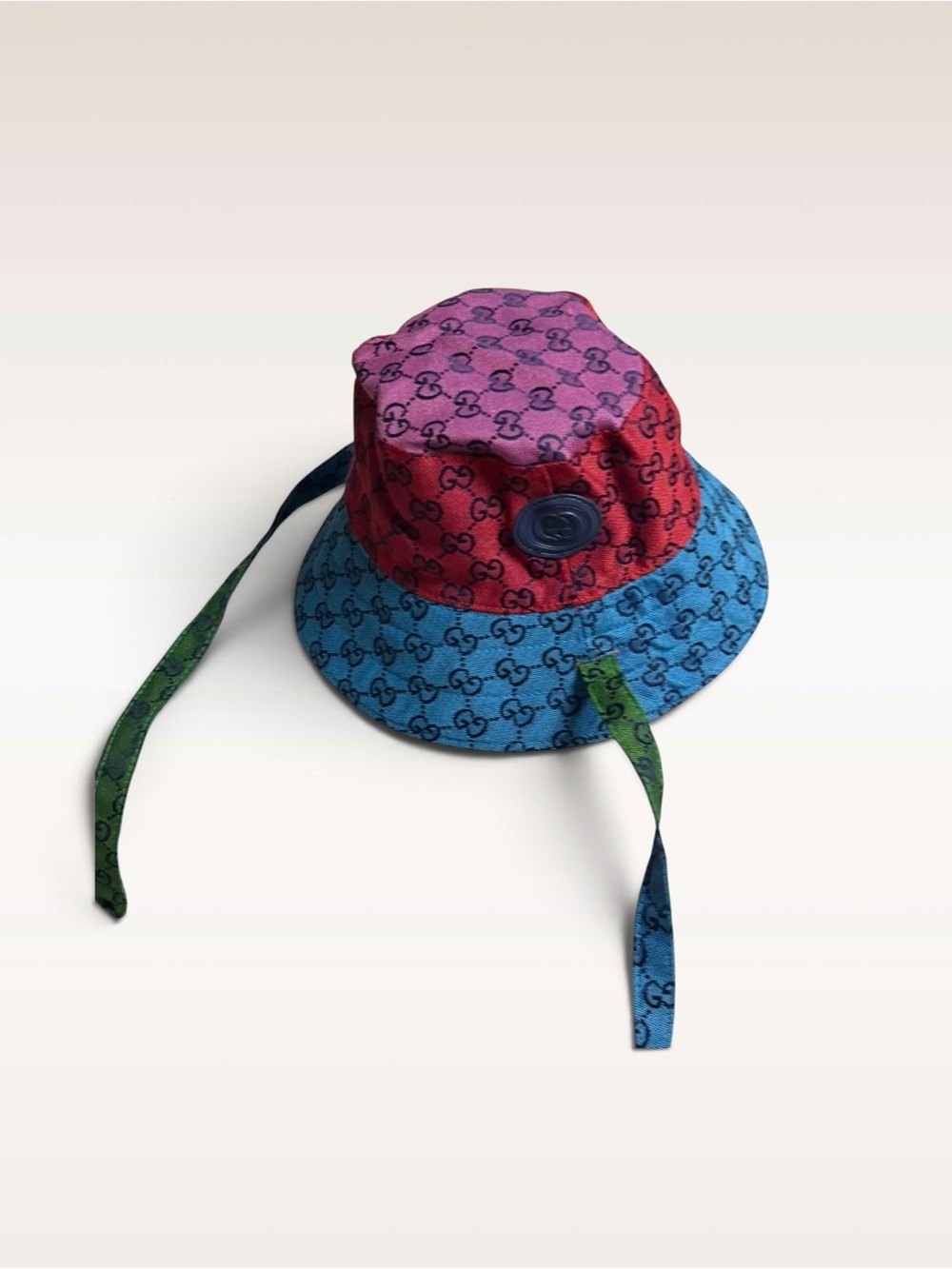 Gucci Multicolor GG Logo Stripe Bucket Hat with Chin Ties